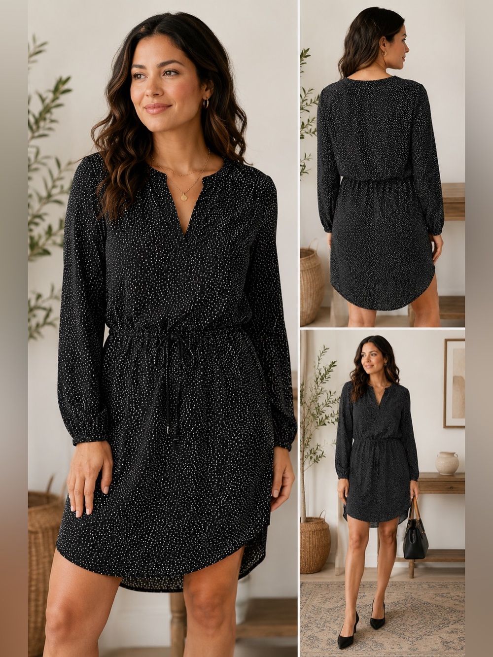 Hilary Radley Speckled Print Drawstring Waist Long Sleeve Shift Dress Medium